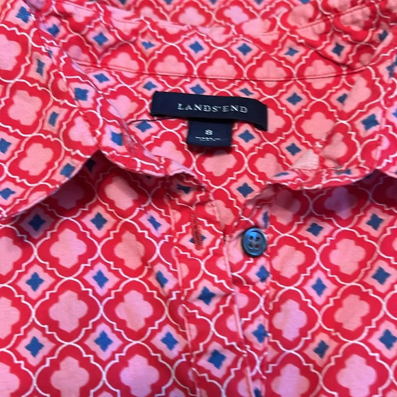 Lands End Multi Red Pink Button Popover Blouse 2 Valentines 3/4 Sleeve Size 8 - Picture 5 of 6